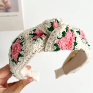 Crochet Pink Floral Knit Headband with Topknot